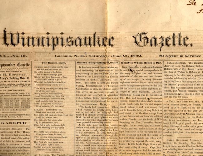 Item #11095 Winnipisankee Gazette June 21, 1862. Publisher John H. Brewster.