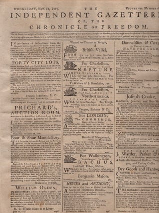 Item #12945 The Independent Gazetteer; or the Chronicle of Freedom. Printer Eleazer Oswald