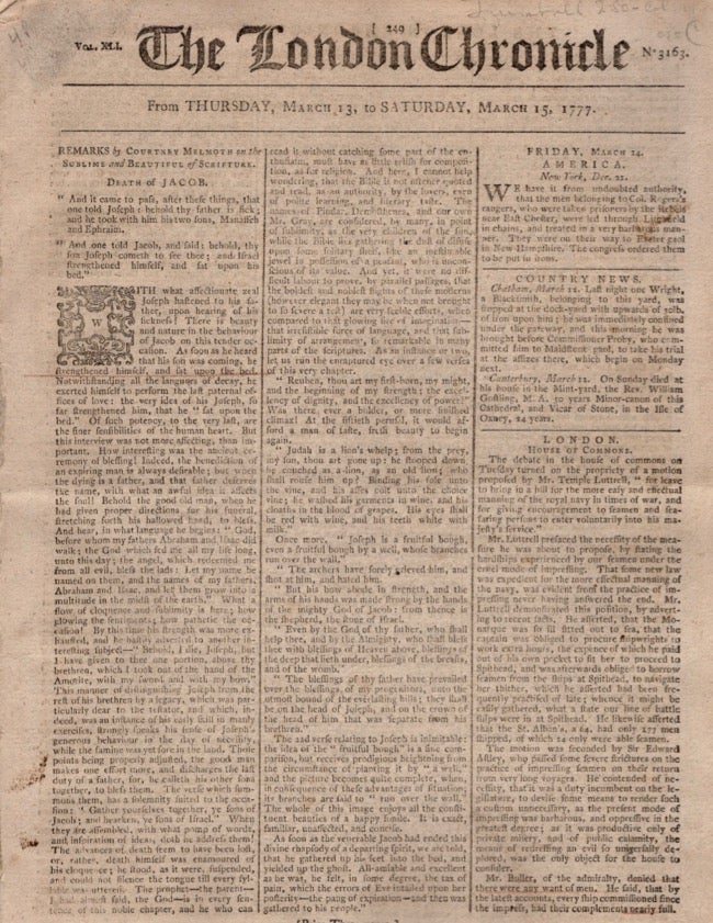 Item #13339 The London Chronicle From Thursday, March 13, to Saturday, March 15, 1777. London Chronicle.