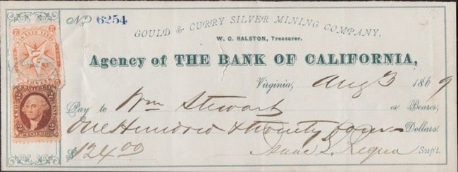 Item #13513 1869 Gould & Curry Silver Mining Company, Agency of the Bank of California check signed by Isaac Requa. Isaac Requa.