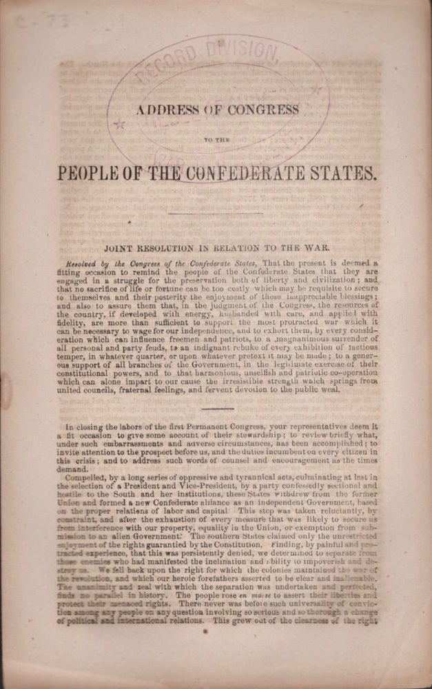 Item #14438 Address of Congress to the People of the Confederate States. Confederate States of America.