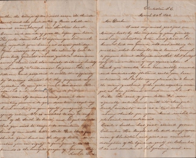 Item #15237 Charleston, South Carolina March 23, 1864 Manuscript Civil War Era Letter written by Sallie E. Burke to Mr. Dreker Departing for War. Sallie E. Burke.