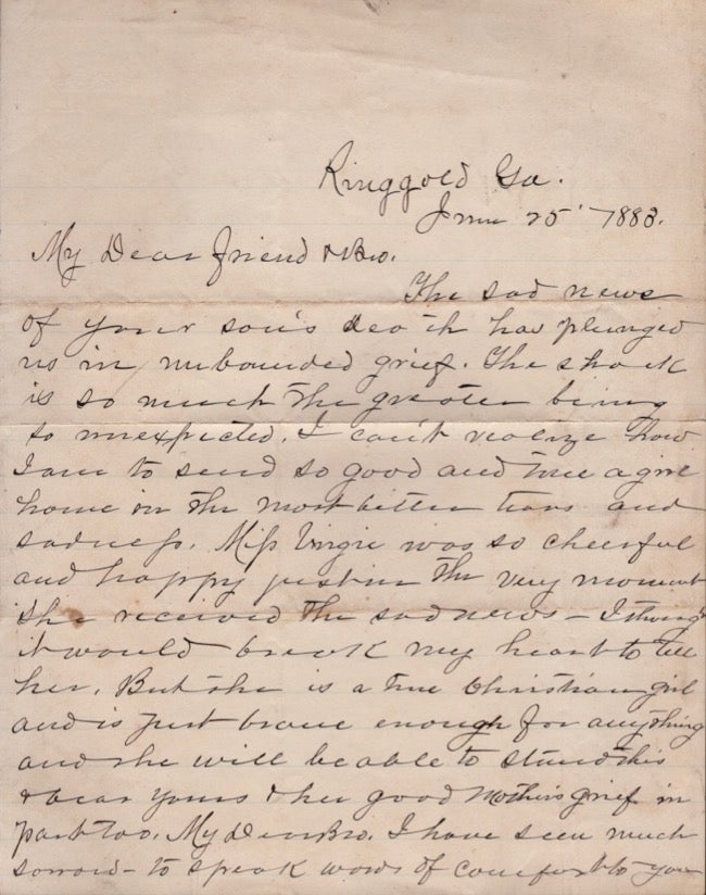 Item #15352 1883 Condolence Letters Written to the Family of Albert Buice Concerning the drowning Death of Their Son, June 24, 1883. Buice Family, Georgia.
