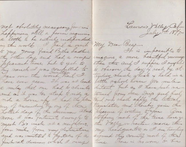 Item #15771 1877 Letter written from Lawson's Valley, California regarding Work, Climate, Living and Traveling. Frank.