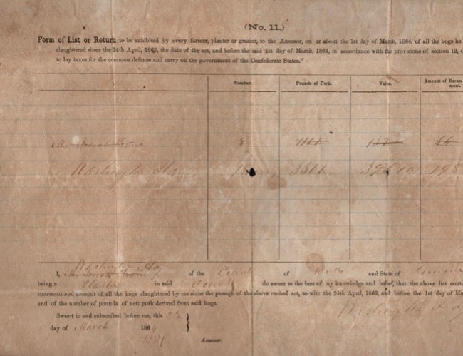 Item #15810 Document. (No. 11.) Form of List or Return to be exhibited by every farmer, planter or grazier, to the Assessor, on or about the 1st day of March, 1864, of all the hogs he may have slaughtered since the 24th April, 1863, the date of the act, and before the said 1st day of March, 1864, in accordance with the provisions of section 12, of "an act to lay taxes for the common defense and carry on the government of the Confederate States." Confederate States of America.