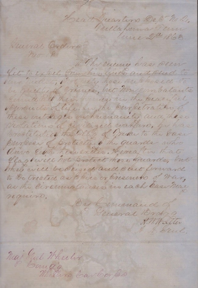 Item #15890 1863 Confederate Document: Headquarters Dept. No 2, Tullahoma, Tenn. June 2d 1863. General Orders No 18 By Command of General Bragg. Signed H W Walter A.A. Genl. Confederate Army, Assistant Adjutant General H. W. Walter.