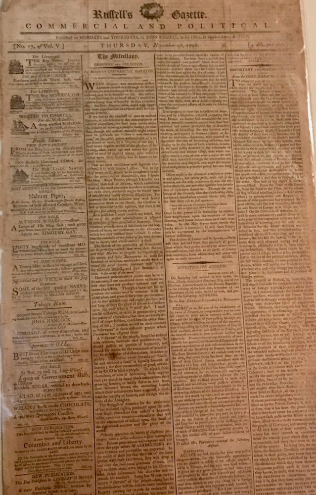 Item #16119 Russell's Gazette Commercial and Political Thursday, November 1st, 1798. John Russell, Publisher and.