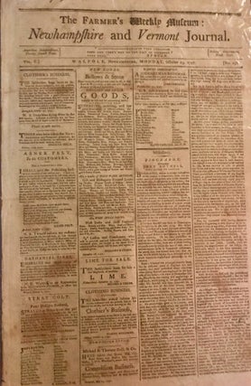Item #16120 The Farmer's Weekly Museum: Newhampshire and Vermont Journal October 23, 1797. Jun...