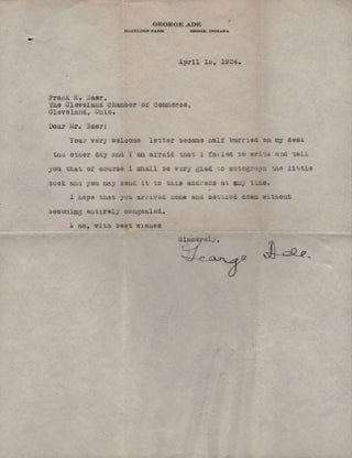 2 signed, typed, letters by author George Ade. April, 1924. George Ade.