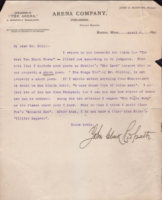 Item #16138 Signed 1897 letter on Arena Company, Publisher letterhead. John Clark Ridpath