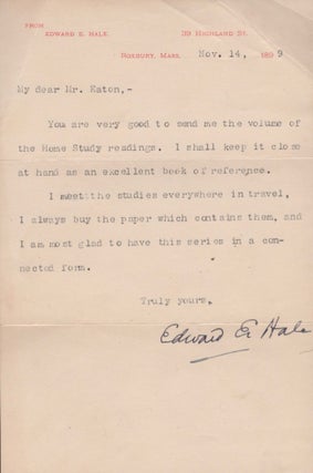 Item #16143 1899 Signed, Typed Letter. Edward E. Hale