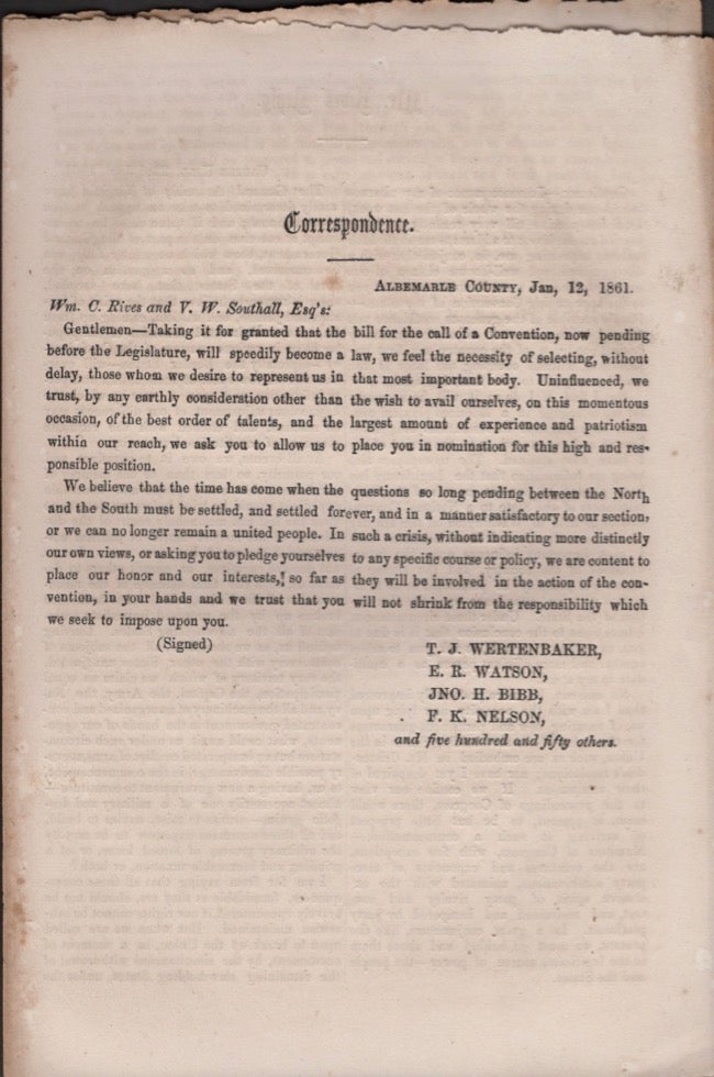 Item #17635 Correspondence, Albemarle County, Jan, 12, 1861. William C. Rives, et. al.