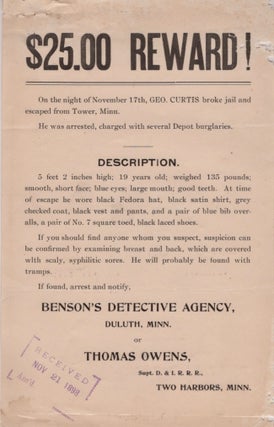 Item #17913 $25.00 Reward! On the night of November 17th, Geo Curtis broke jail and escaped from...