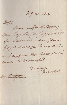 Item #18193 1832 Signed letter by Daniel Webster Addressed to Mr. Frothingham. Daniel Webster