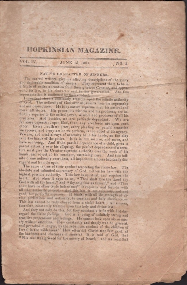 Item #18196 Hopkinsian Magazine. Vol. IV. No. 8. June 15, 1831. Otis Thompson.