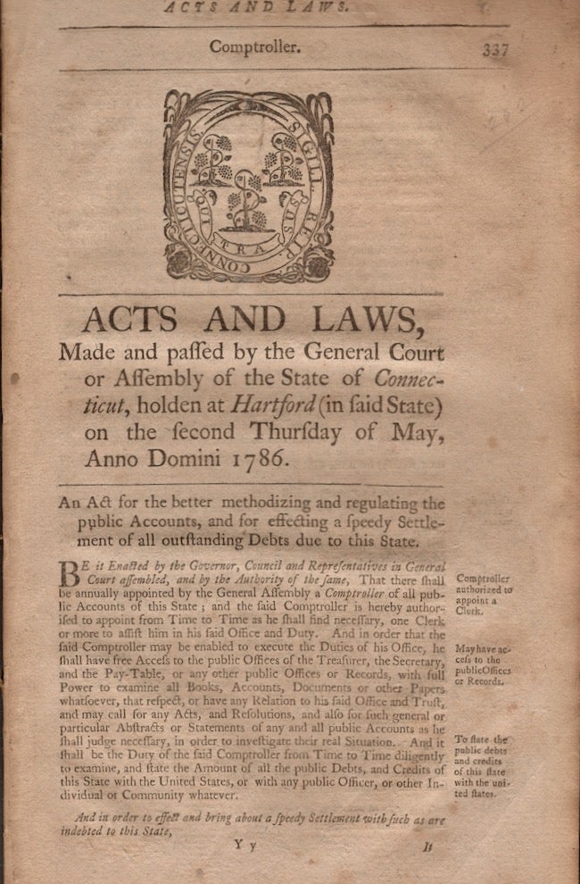 Item #18300 Acts and Laws, Made and Passed by the General Court or Assembly of the State of Connecticut, Holden at Hartford, (In Said State) on the Second Thursday of May, Anno Domini 1786. Connecticut.