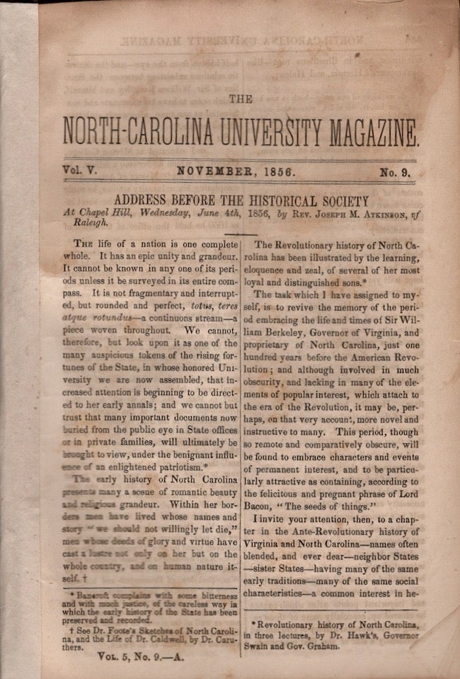 Item #18395 The North Carolina University Magazine. November, 1856. Vol. V. No. 9. H. R. Bryan.
