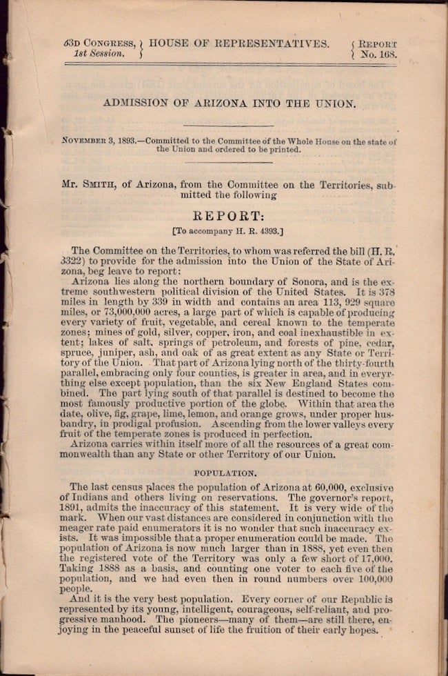 Item #18409 Admission of Arizona into the Union. Mr. Smith, of Arizona, from the Committee on the Territories, submitted the following Report. Arizona.