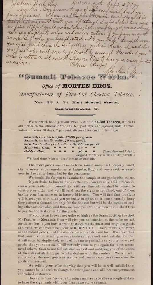 Item #18451 Broadside: Price list "Summit Tobacco Works" Office of Morten Bros. Manufactures of Fine-Cut Chewing Tobacco, Nos. 32 & 34 East Second Street. Cincinnati, O. Morten Bros.