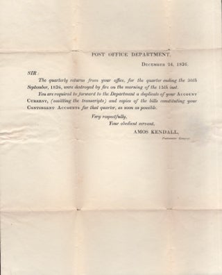 Amos Kendall Autograph Page [AND] 1836 Post Office Department Document with Typed Printed Name of Amos Kendall Postmaster General