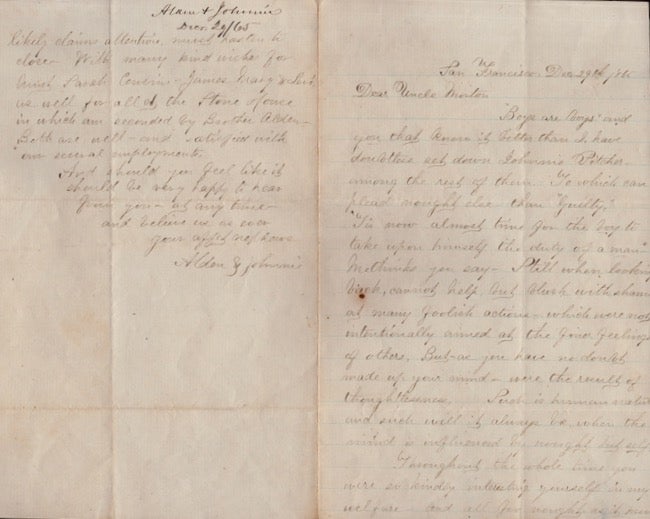 Item #18495 December, 1865 letter from San Francisco: "Tis now almost time for the boy to take upon himself the duty of a man" Alden, Johnnie.