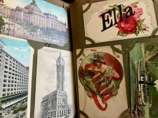 Post Card Album with colorful Holiday and Greeting Cards, Birthday Cards, Humor, Romance, American buildings and some European Cards.