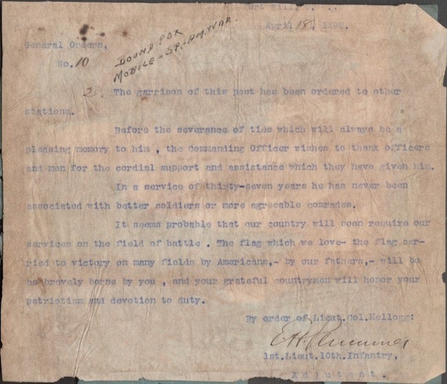 Item #23208 1898 Fort Sill Spanish American War General order Number 10. Typed and Signed. Lieut. Col. E. H. Plummer, Lieut. Col Kellogg, Spanish American War.