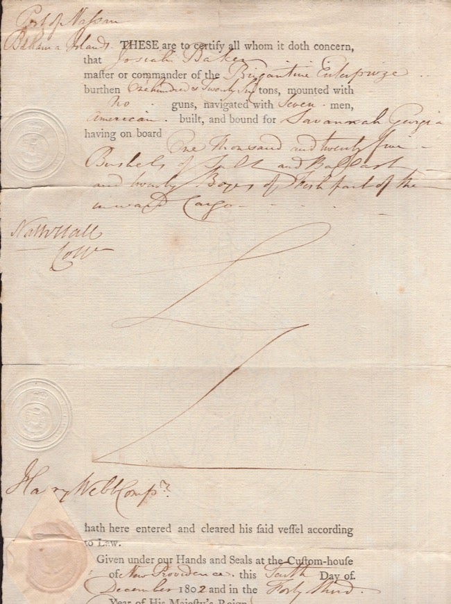 Item #24004 1802 Cargo Document from the Port of Nassau. Cleared for export on the ship "Brigantine Enterprize" Port of Nassau, Brigantine Enterprize.