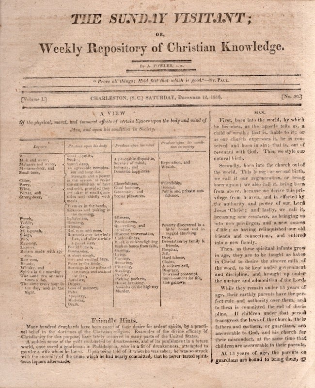 Item #25555 The Sunday Visitant; Weekly Repository of Christian Knowledge. Volume I. No. 50. A. A. M. Fowler.