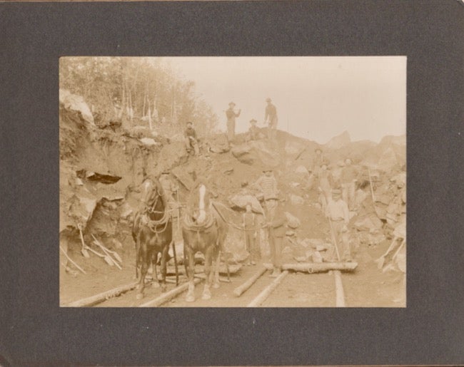 Item #25621 Photograph of crew working on the Grand Trunk Pacific Railway Vermillion Bay, Ontario. Photographer Edwin C. Blair.