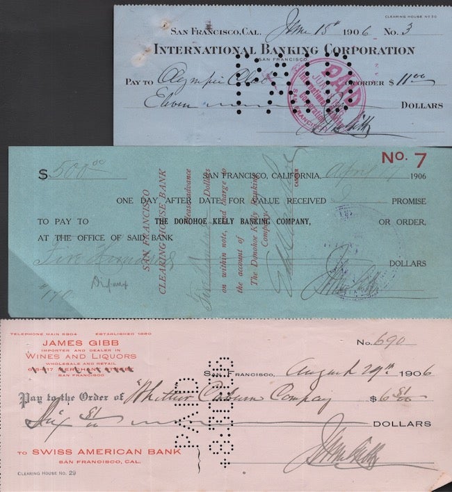 Item #25633 10 Canceled San Francisco Checks from 1906, 1907. San Francisco, 1906.