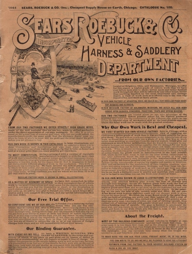 Item #26140 Sears Roebuck & Co. Vehicle Harness & Saddlery Department. Catalogue No. 109. Sears Roebuck, Co.