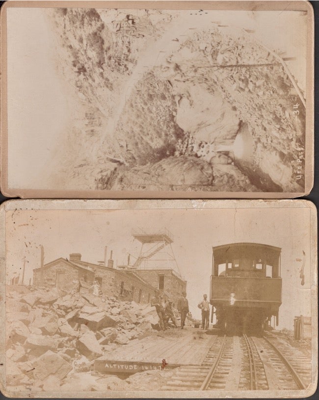 Item #26141 Three Vintage Souvenir Colorado Photographs Showing Rocky Mountain Scenery including Pikes Peak Railroad. Colorado, Trains, Rocky Mountains.