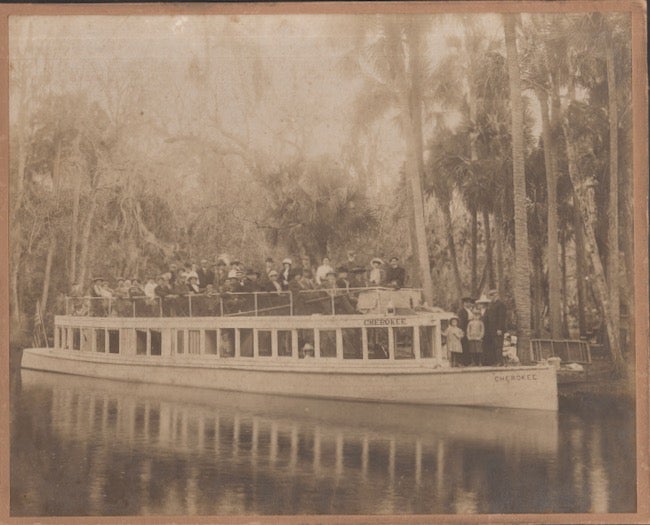 Item #26290 Circa 1880 Photograph of the Steamer "Cherokee" and a group of tourists on the Chattahoochee River, Georgia. Cherokee Steamboat, Georgia Chattahoochee River.