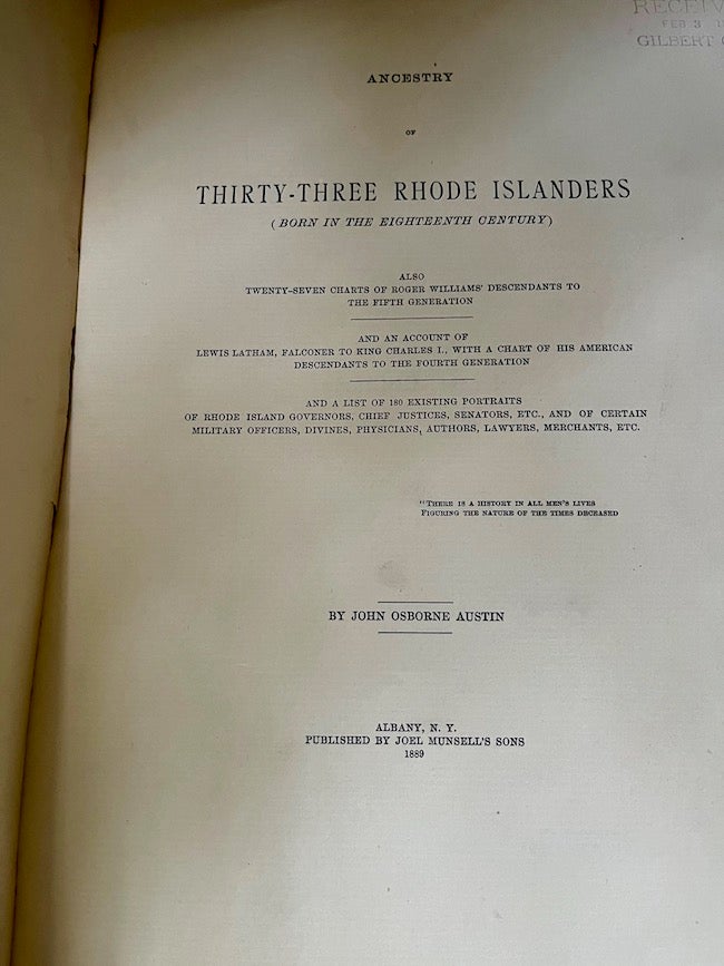 Item #26335 Ancestry of Thirty-Three Rhode Islanders (Born in the Eighteenth Century). John Osborne Austin.