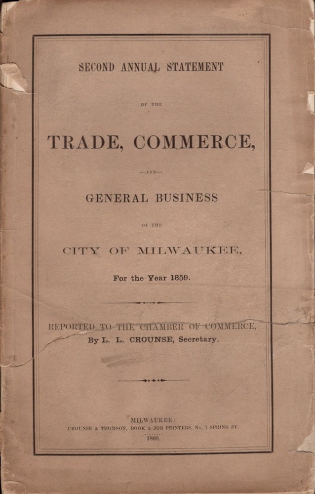 Item #26353 Second Annual Statement of the Trade, Commerce, and General Business of the City of Milwaukee for the Year 1859. L. L. Crounse, Secretary.
