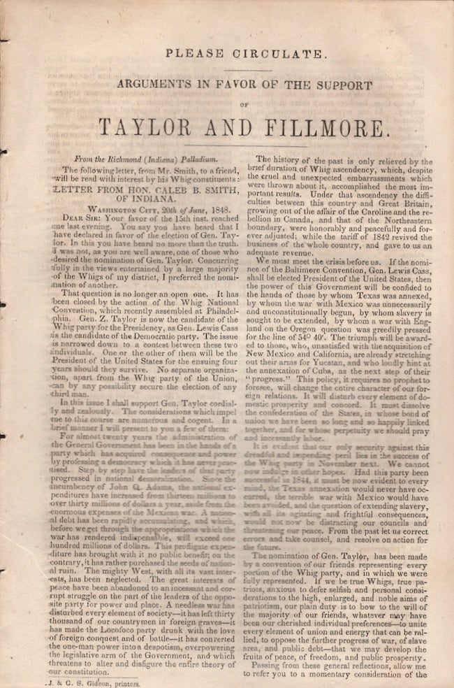 Item #26367 Arguments in Favor of the Support of Taylor and Fillmore. Caleb B. Smith, of Indiana.