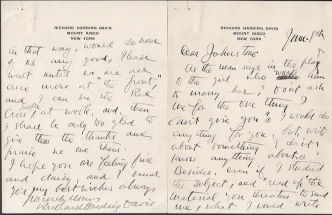 Item #26934 1915 World War I era two page hand written letter to "Johnstone" with reference to the Red Cross and being at the "Front". [INCLUDED WITH] Photograph portrait of Davis. Richard Harding David.