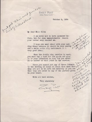 Item #27684 1934 Typed Signed Letter from Emily Post on printed letterhead. Emily Post