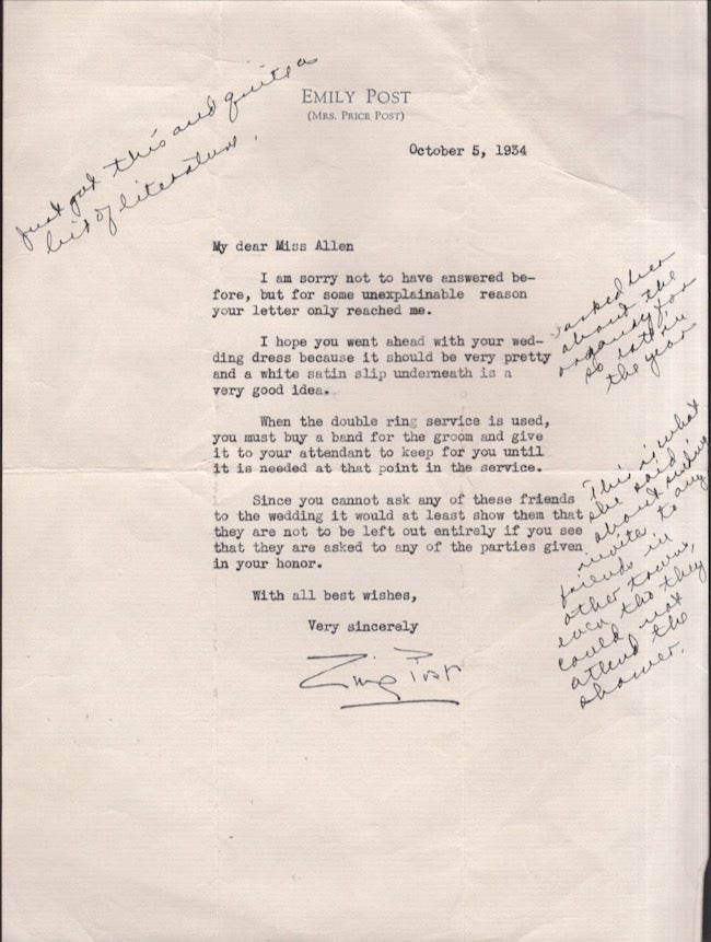 Item #27684 1934 Typed Signed Letter from Emily Post on printed letterhead. Emily Post.