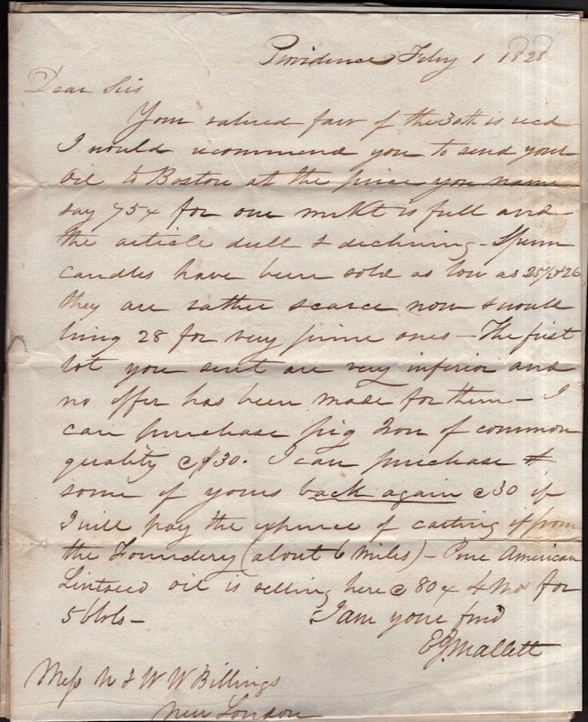 Item #27696 1828 Group of 7 Handwritten Letters from E. J. Mallett (Providence, Rhode-Island) to N & WW Billings (New London, Connecticut) Regarding Shipment of Goods, Including Opium, from Boston to New York. E. J. Mallett.