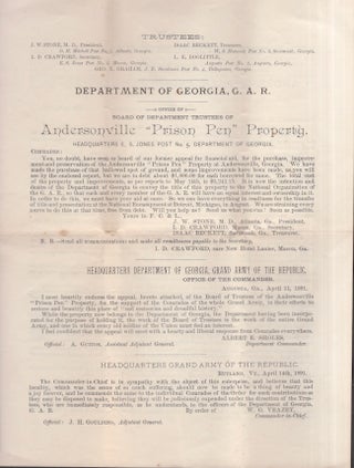 Item #27697 Department of Georgia, G. A. R. Office of Board of Trustees of Andersonville "Prison...
