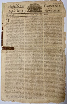 Item #27701 The Massachusetts Gazette and Boston Weekly News-Letter.Thursday April 23, 1772....