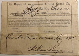 Item #27714 September 2, 1864 Receipt from The Virginia and Tennessee Railroad Co. carrying...