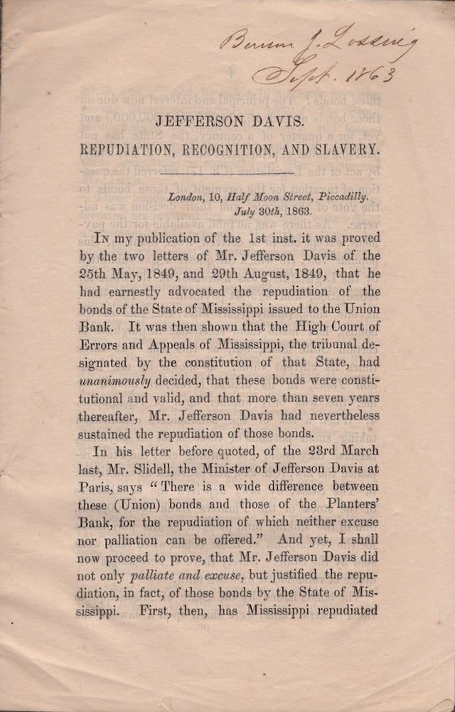 Item #27765 Jefferson Davis. Repudiation, Recognition, and Slavery. R. J. Walker.