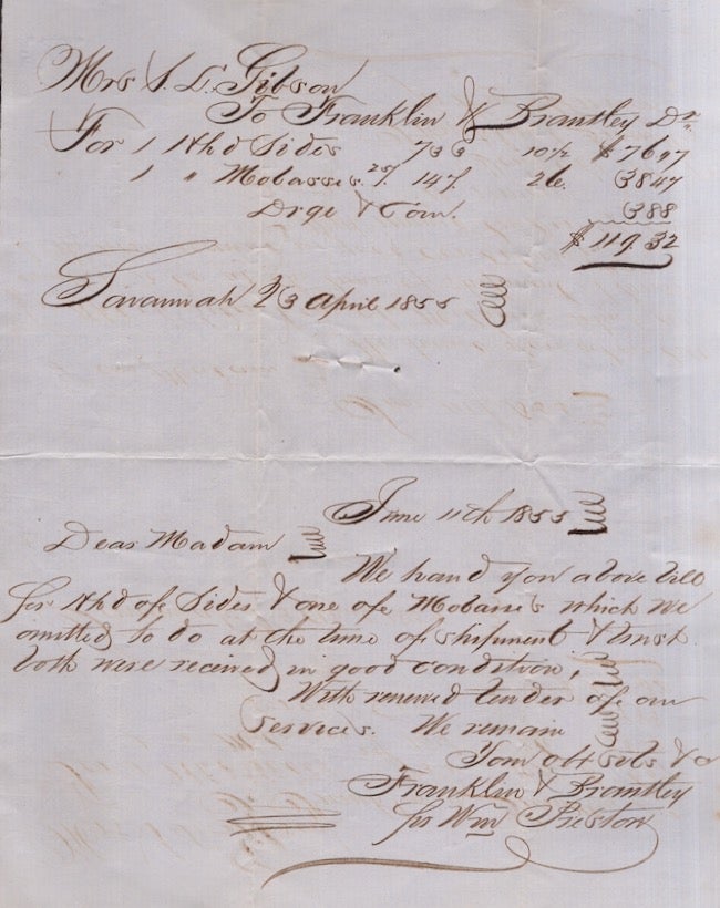 Item #28348 1853 Savannah, Ga. Receipt from Franklin & Brantley written to Mrs. S. L. Gibson for Molasses and Corn. Savannah, Franklin, Brantley, Business.