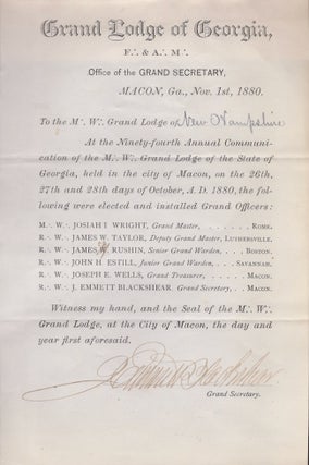 Item #28349 1880 Grand Lodge of Georgia List of Elected and Installed Grand Officers. Grand Lodge...
