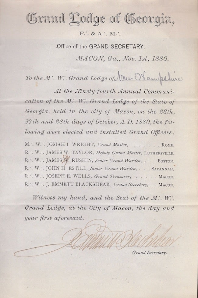 Item #28349 1880 Grand Lodge of Georgia List of Elected and Installed Grand Officers. Grand Lodge of Georgia, J. Emmett Blackshear.