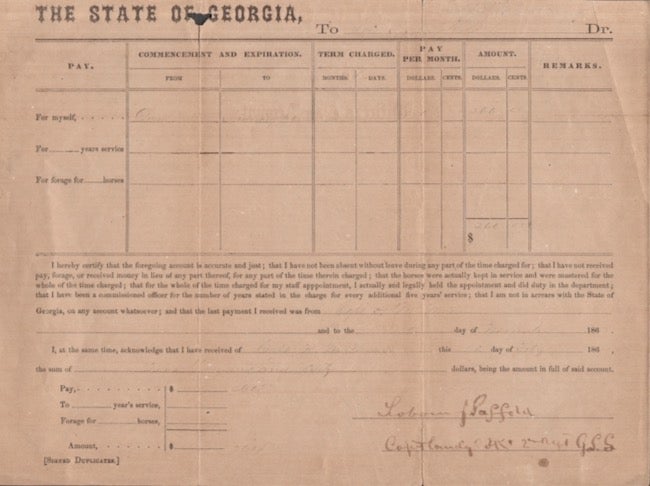 Item #28350 1863-1864 State of Georgia Pay Document. Written names and dates are very faded. State of Georgia, Confederacy, Civil War.