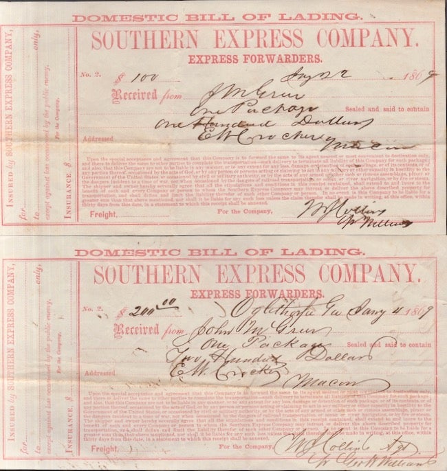 Item #28351 1869 Pair of Domestic Bills of Lading. Cash Received from John M. Green and Addressed to an Individual in Macon. Southern Express Company, Business, Georgia.